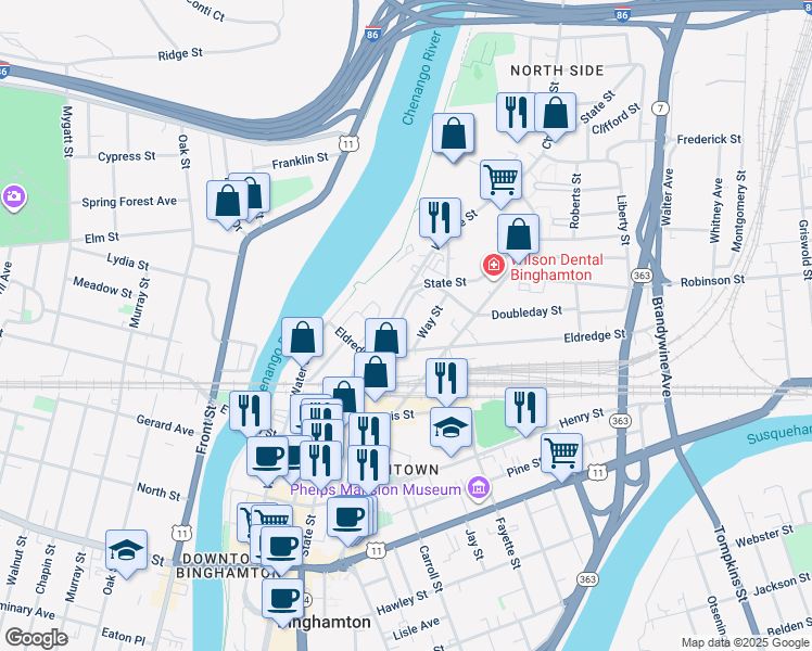 map of restaurants, bars, coffee shops, grocery stores, and more near 375 State Street in Binghamton