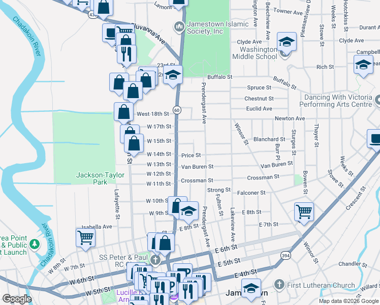 map of restaurants, bars, coffee shops, grocery stores, and more near 13 East 15th Street in Jamestown