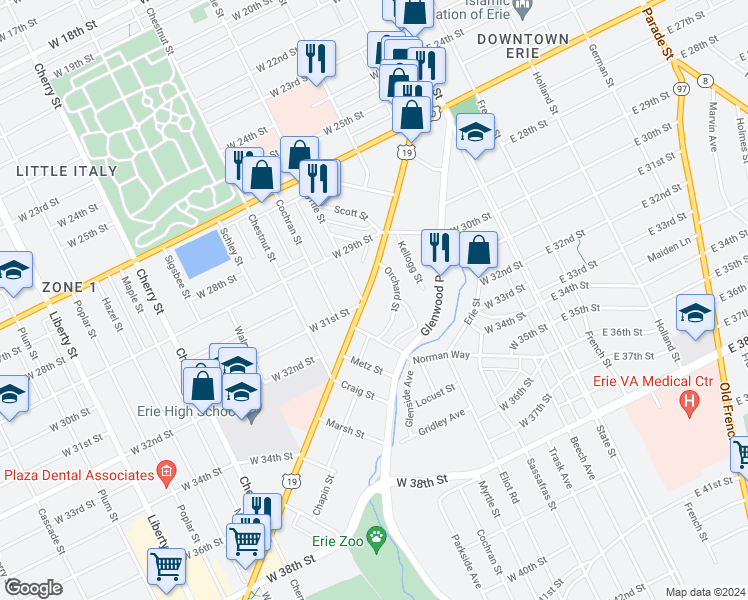 map of restaurants, bars, coffee shops, grocery stores, and more near 18 Orchard Street in Erie