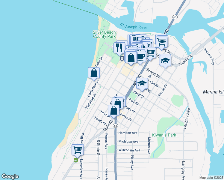 map of restaurants, bars, coffee shops, grocery stores, and more near 707 Lake Boulevard in St. Joseph