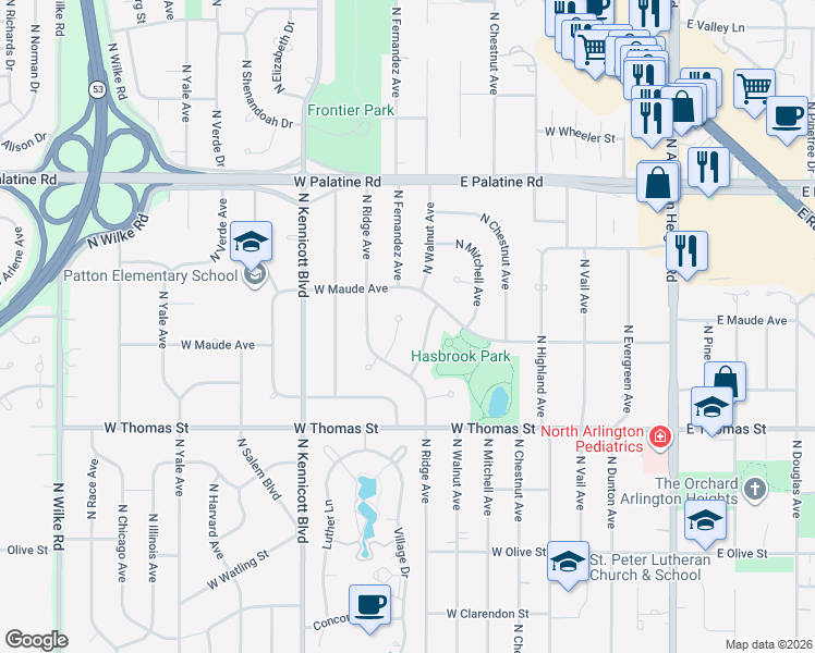 map of restaurants, bars, coffee shops, grocery stores, and more near 705 West Maude Avenue in Arlington Heights