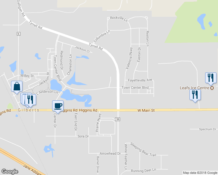 map of restaurants, bars, coffee shops, grocery stores, and more near 341 Town Center Boulevard in Gilberts