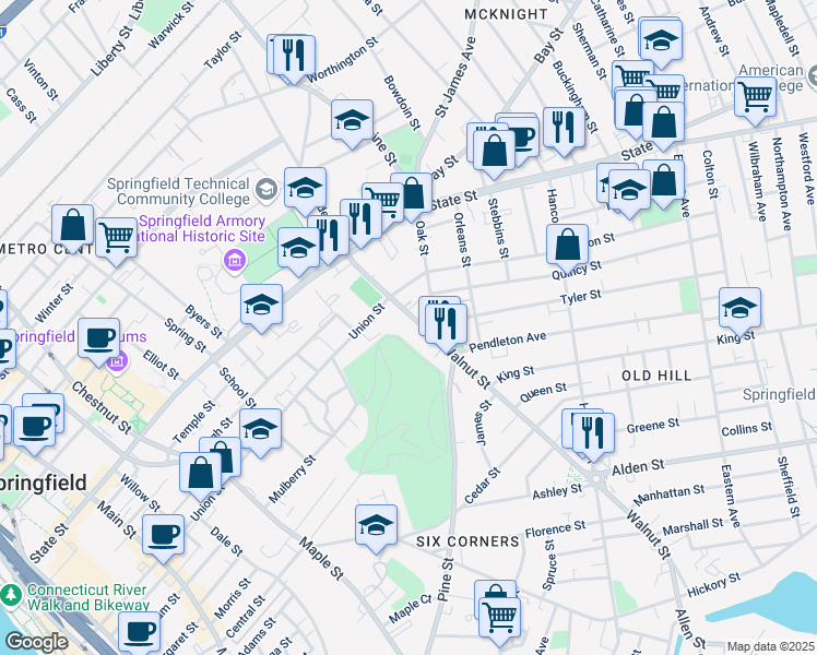 map of restaurants, bars, coffee shops, grocery stores, and more near 74 Walnut Street in Springfield