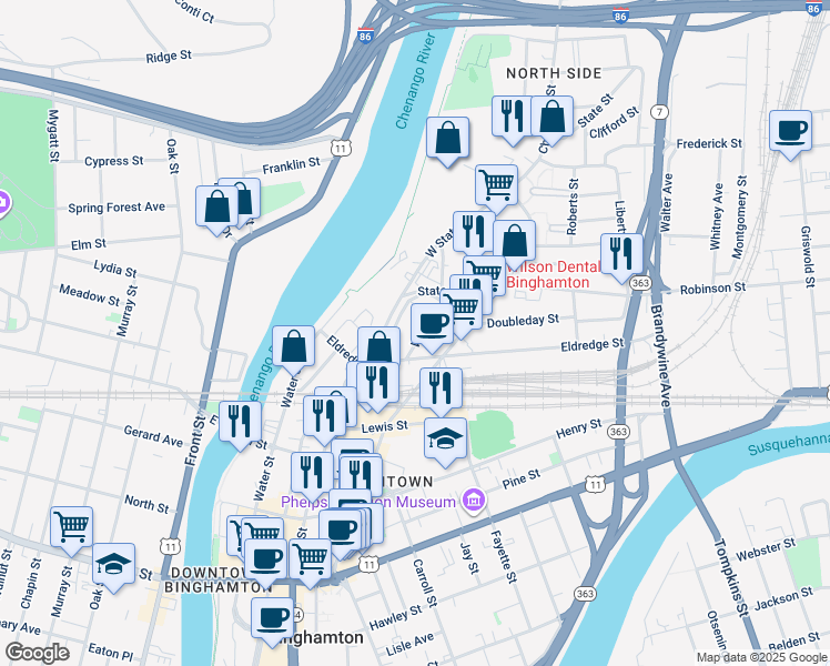 map of restaurants, bars, coffee shops, grocery stores, and more near 15 Way Street in Binghamton