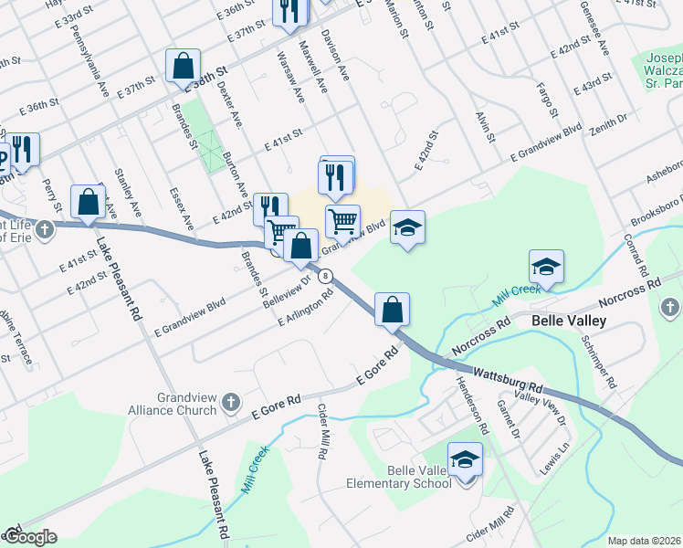 map of restaurants, bars, coffee shops, grocery stores, and more near 1301 E Grandview Blvd in Erie