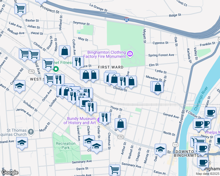 map of restaurants, bars, coffee shops, grocery stores, and more near 171 Clinton Street in Binghamton