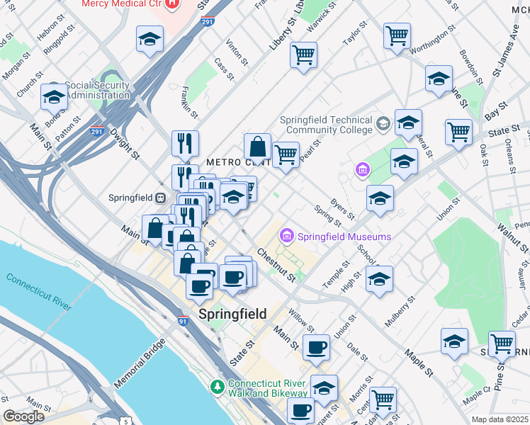 map of restaurants, bars, coffee shops, grocery stores, and more near 66 Mattoon Street in Springfield