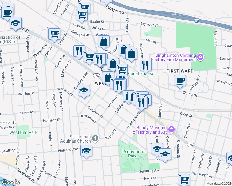 map of restaurants, bars, coffee shops, grocery stores, and more near 238 Main Street in Binghamton