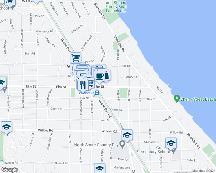 map of restaurants, bars, coffee shops, grocery stores, and more near 559 Arbor Vitae Road in Winnetka