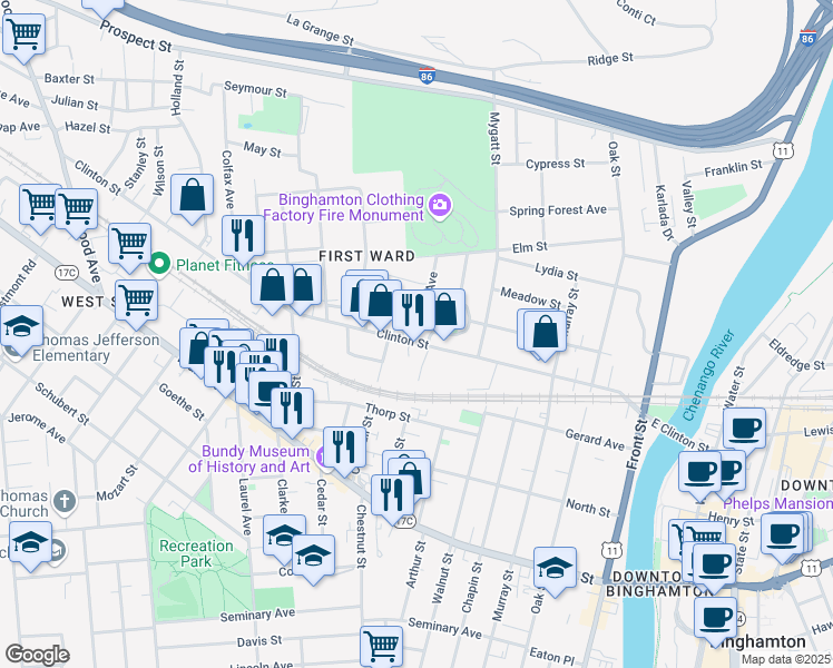 map of restaurants, bars, coffee shops, grocery stores, and more near 144 Clinton Street in Binghamton
