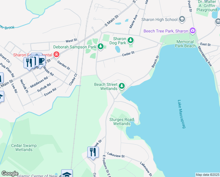 map of restaurants, bars, coffee shops, grocery stores, and more near 106 East Foxboro Street in Sharon
