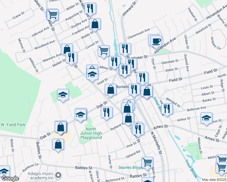 map of restaurants, bars, coffee shops, grocery stores, and more near 45 Howard Street in Brockton