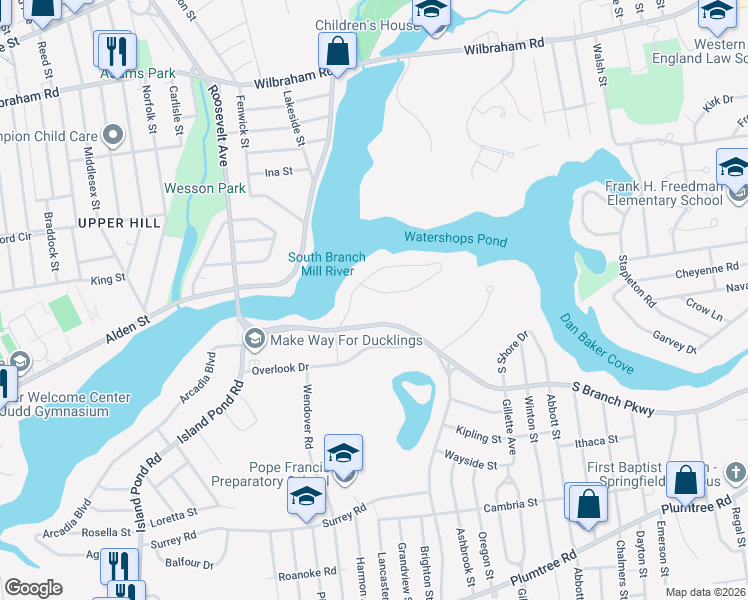 map of restaurants, bars, coffee shops, grocery stores, and more near 221 Pondview Drive in Springfield