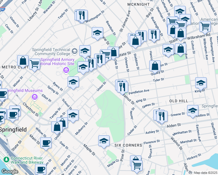map of restaurants, bars, coffee shops, grocery stores, and more near 81 Walnut Street in Springfield