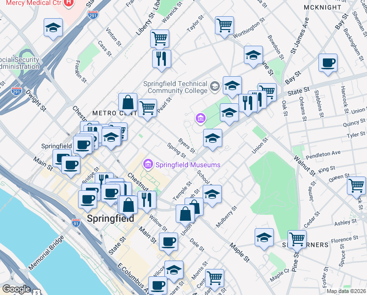 map of restaurants, bars, coffee shops, grocery stores, and more near 60 Byers Street in Springfield