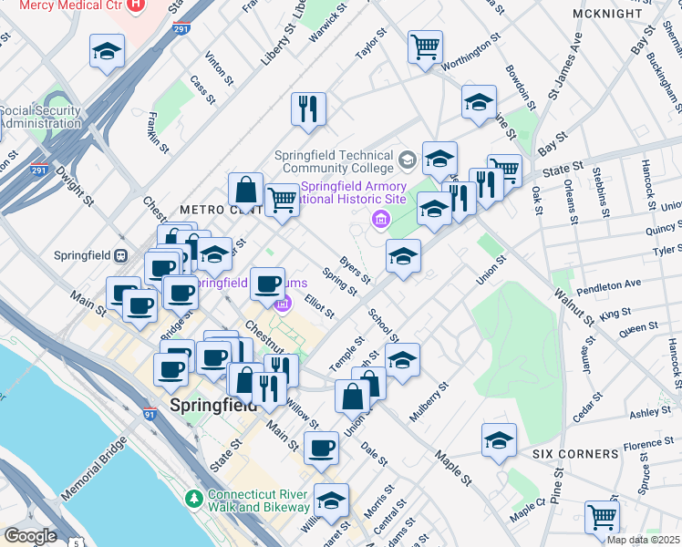 map of restaurants, bars, coffee shops, grocery stores, and more near 60 Byers Street in Springfield