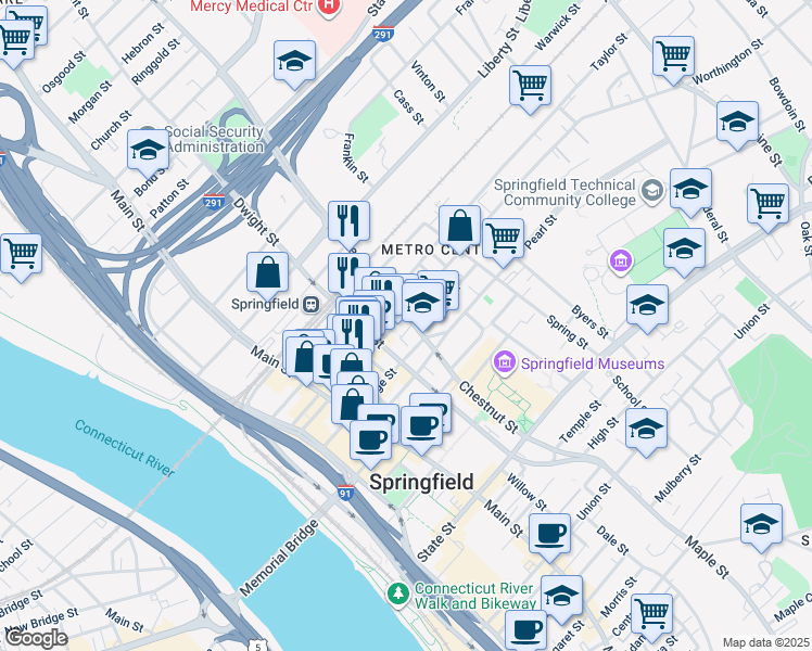 map of restaurants, bars, coffee shops, grocery stores, and more near in Springfield