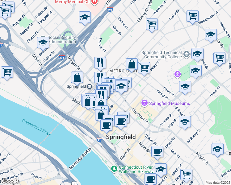 map of restaurants, bars, coffee shops, grocery stores, and more near in Springfield