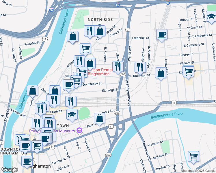 map of restaurants, bars, coffee shops, grocery stores, and more near 12 Emmett Street in Binghamton