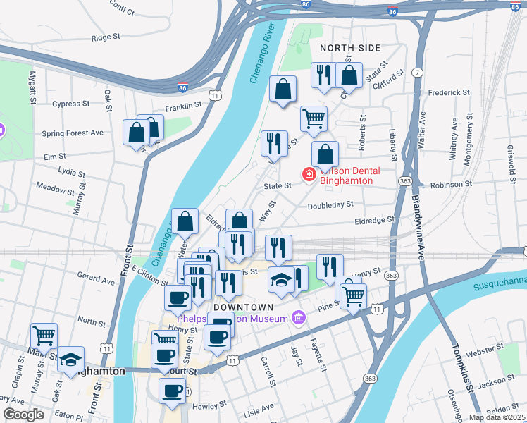 map of restaurants, bars, coffee shops, grocery stores, and more near 136 Prospect Avenue in Binghamton