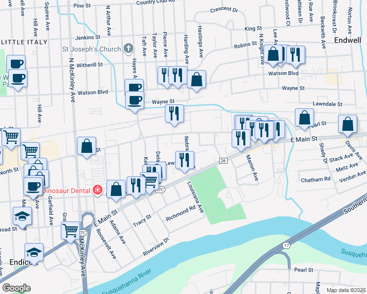map of restaurants, bars, coffee shops, grocery stores, and more near 3 Nebraska Avenue in Endicott