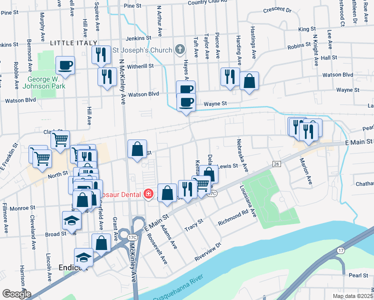 map of restaurants, bars, coffee shops, grocery stores, and more near 2004 North Street in Endicott