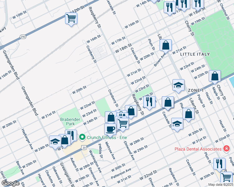 map of restaurants, bars, coffee shops, grocery stores, and more near 1124 West 22nd Street in Erie