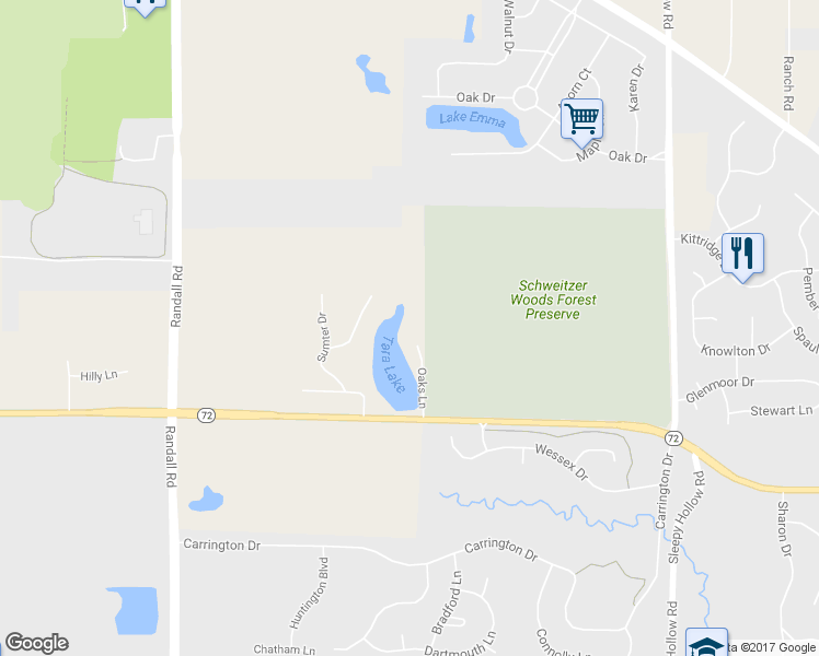 map of restaurants, bars, coffee shops, grocery stores, and more near 16N690 Oaks Lane in Kane County