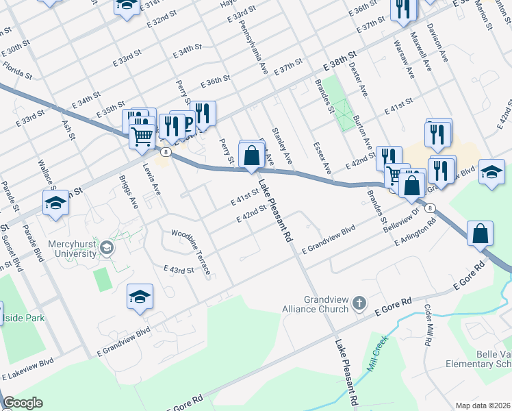 map of restaurants, bars, coffee shops, grocery stores, and more near 920 East 41st Street in Erie