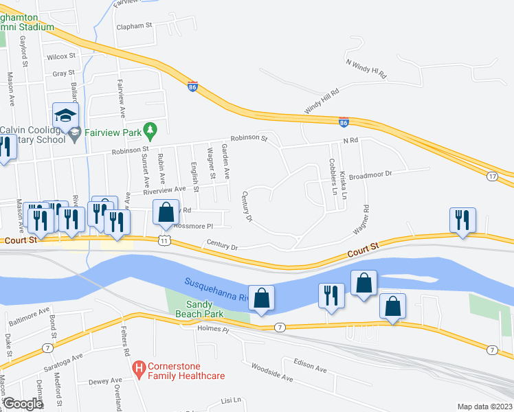 map of restaurants, bars, coffee shops, grocery stores, and more near 425 Robinson Street in Binghamton