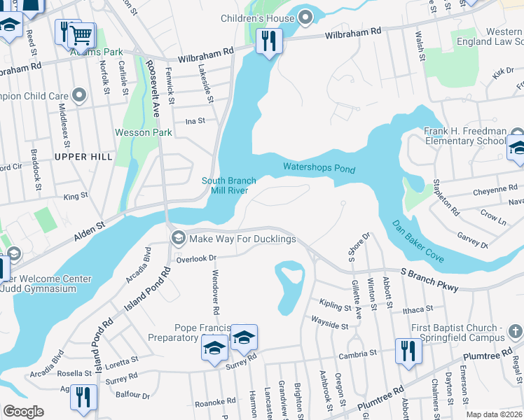 map of restaurants, bars, coffee shops, grocery stores, and more near 221 Pondview Drive in Springfield