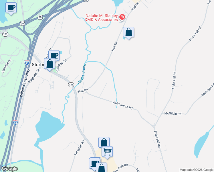 map of restaurants, bars, coffee shops, grocery stores, and more near 18 Hawthorne Road in Sturbridge