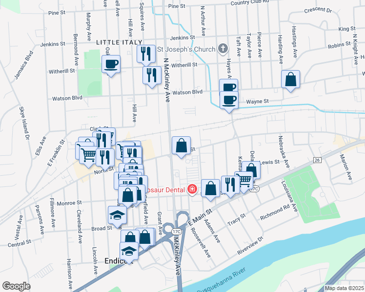 map of restaurants, bars, coffee shops, grocery stores, and more near 22 North McKinley Avenue in Endicott