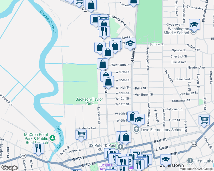 map of restaurants, bars, coffee shops, grocery stores, and more near 1410 Washington Street in Jamestown