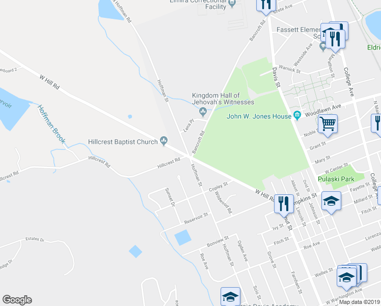 map of restaurants, bars, coffee shops, grocery stores, and more near 88 West Hill Street in Elmira
