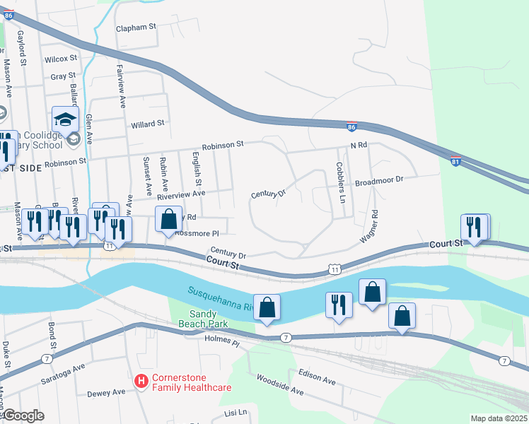 map of restaurants, bars, coffee shops, grocery stores, and more near 425 Robinson Street in Binghamton