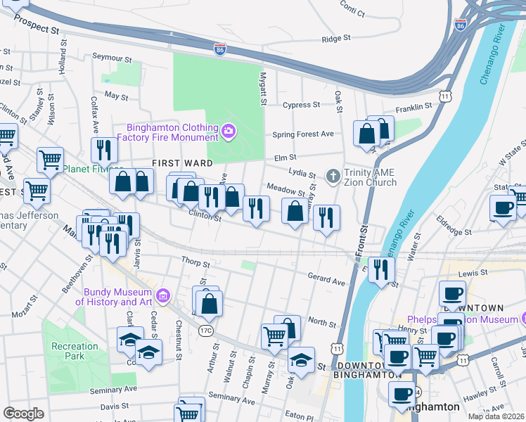 map of restaurants, bars, coffee shops, grocery stores, and more near 78 Dickinson Street in Binghamton