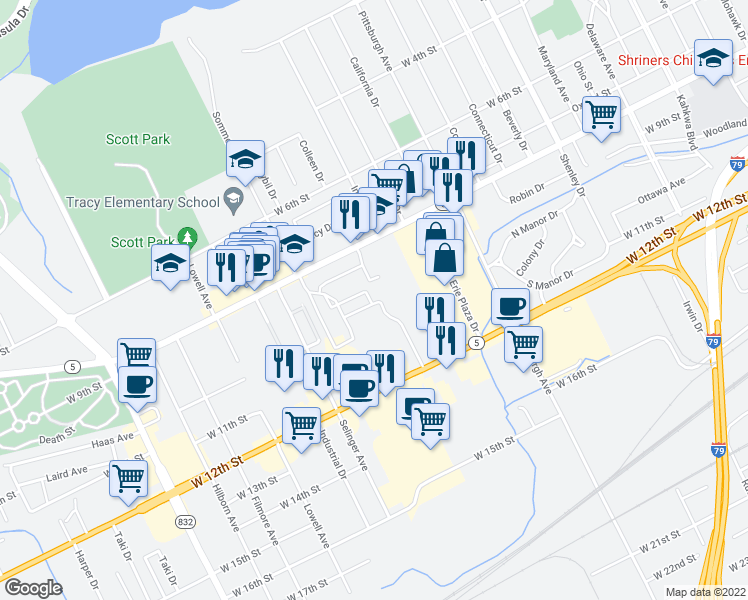 map of restaurants, bars, coffee shops, grocery stores, and more near 2403 West 8th Street in Erie