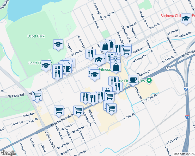 map of restaurants, bars, coffee shops, grocery stores, and more near 2403 West 8th Street in Erie