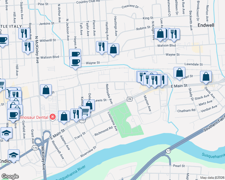 map of restaurants, bars, coffee shops, grocery stores, and more near 3 Nebraska Avenue in Endicott