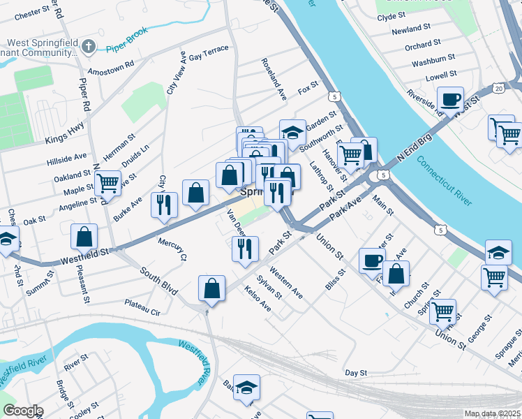 map of restaurants, bars, coffee shops, grocery stores, and more near 26 Central Street in West Springfield