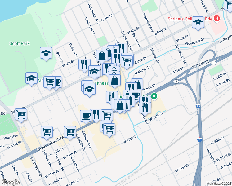 map of restaurants, bars, coffee shops, grocery stores, and more near 1022 West Erie Plaza Drive in Erie