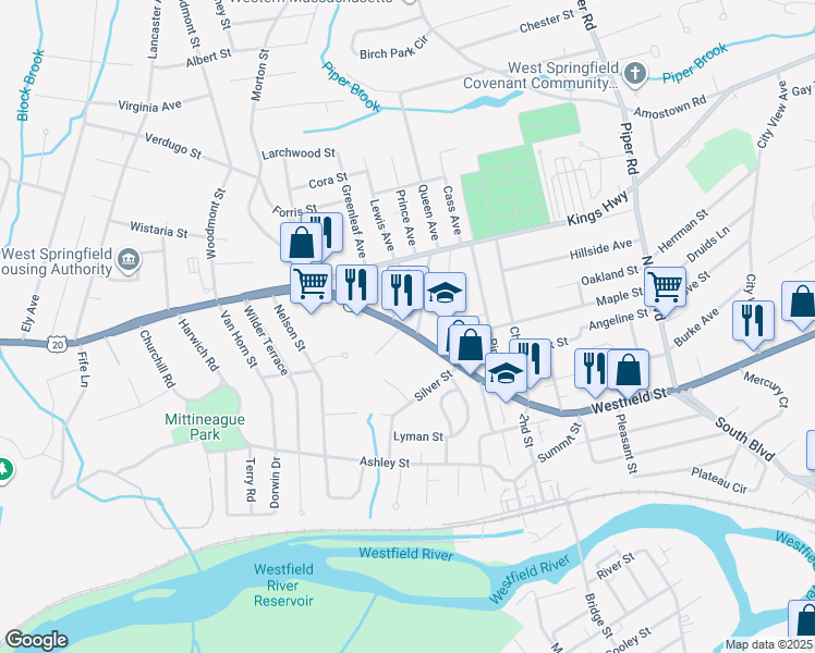map of restaurants, bars, coffee shops, grocery stores, and more near 15 Thomas Drive in West Springfield