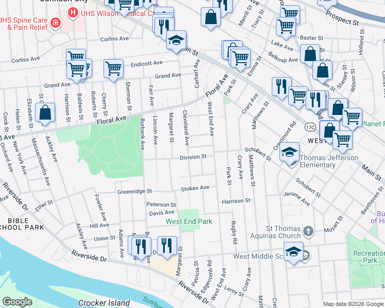 map of restaurants, bars, coffee shops, grocery stores, and more near 16 Lawton Avenue in Binghamton