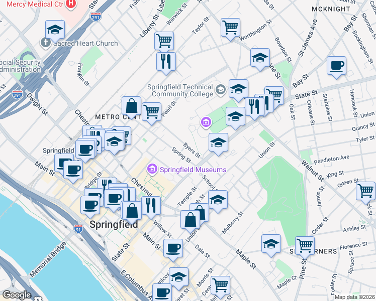 map of restaurants, bars, coffee shops, grocery stores, and more near 60 Byers Street in Springfield