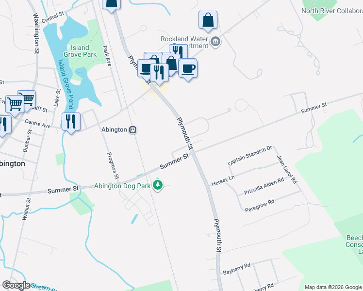 map of restaurants, bars, coffee shops, grocery stores, and more near 17 Melvern Road in Abington