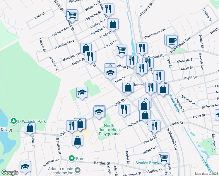 map of restaurants, bars, coffee shops, grocery stores, and more near 906 North Main Street in Brockton