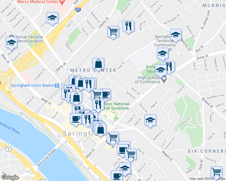 map of restaurants, bars, coffee shops, grocery stores, and more near 79 Spring Street in Springfield