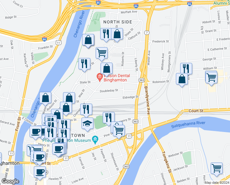 map of restaurants, bars, coffee shops, grocery stores, and more near 31 Doubleday Street in Binghamton