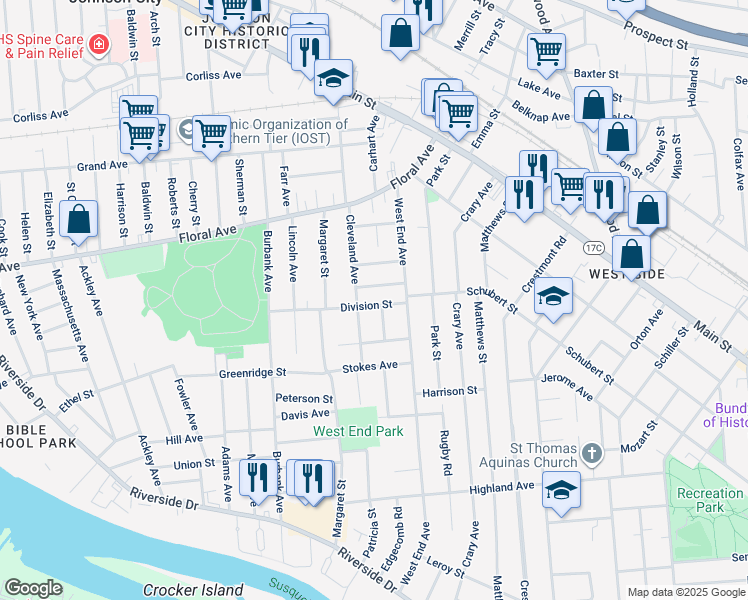 map of restaurants, bars, coffee shops, grocery stores, and more near 16 Lawton Avenue in Binghamton